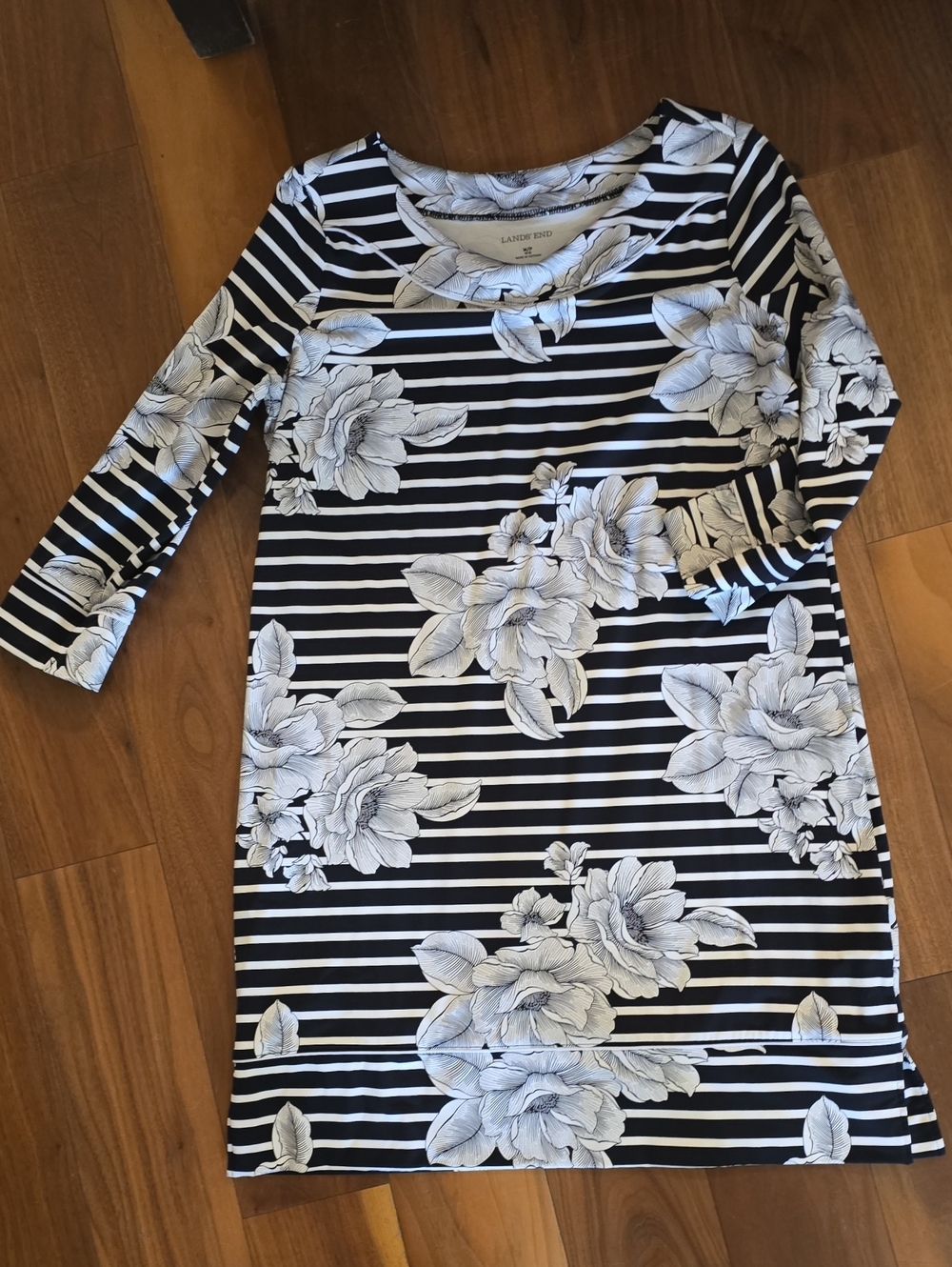 Lands' End Black & White Striped Floral Shift Dress